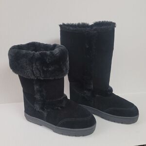 Style & Co Witty Womens Size 9 Black Leather Mid Calf Faux Fur Snow Winter Boots